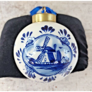 Vintage Delft Holland Painted Windmill Blue White Porcelain Christmas Ornament